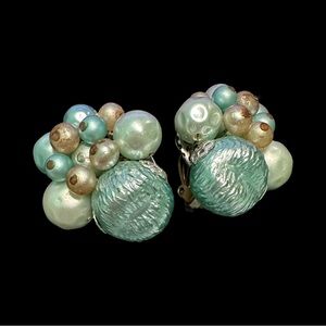 Vintage 60s Cluster Clip On Earrings Blue JAPAN